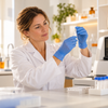 Laboratoriummedewerker werkt zorgvuldig met een monster in een modern laboratorium.