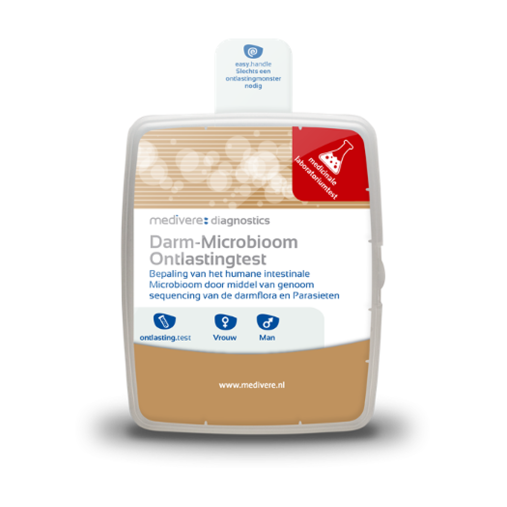 Verpakking Medivere darmmicrobioom test met parasieten-PCR voor thuisafname van ontlasting