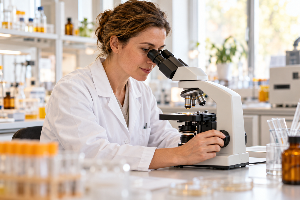 Laboratoriummedewerker onderzoekt een preparaat met een microscoop.