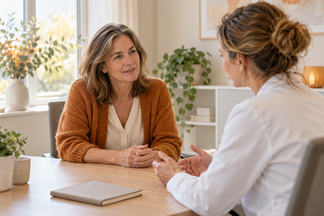 Vrouw bespreekt vragen over intieme gezondheid met een zorgprofessional.