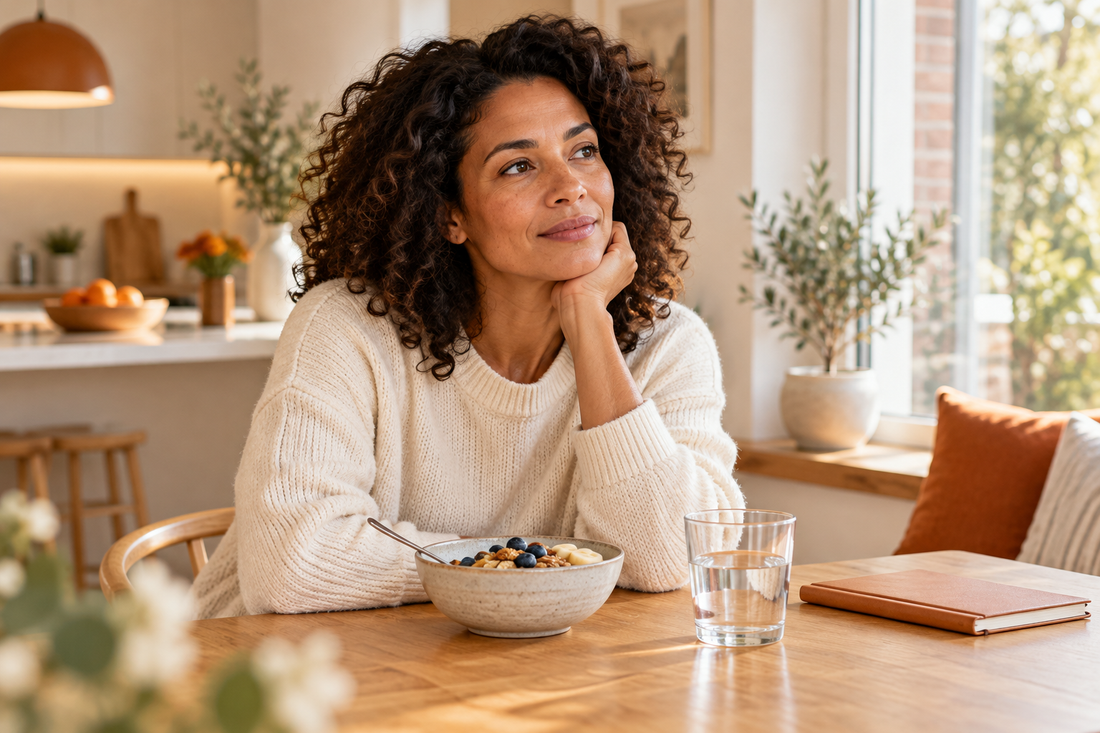 Vrouw zit bij het ontbijt aan een keukentafel.
