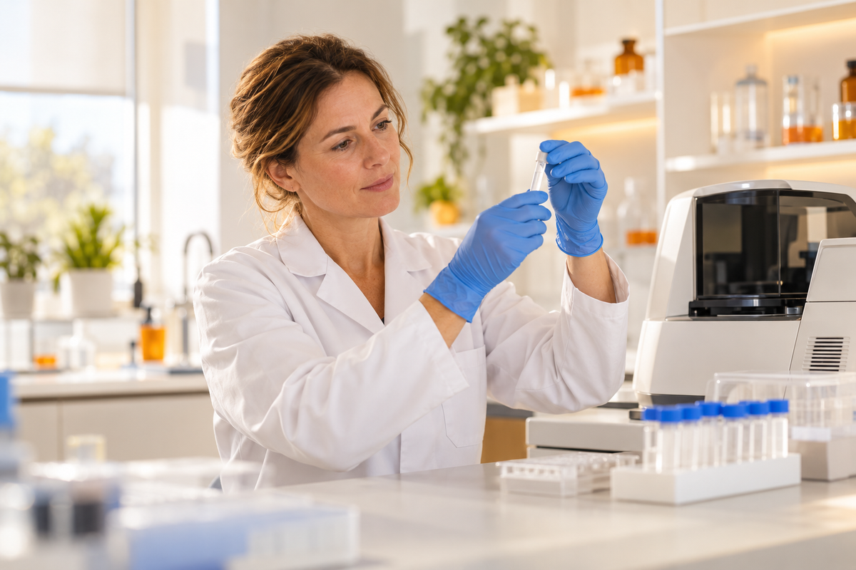 Laboratoriummedewerker werkt zorgvuldig met een monster in een modern laboratorium.