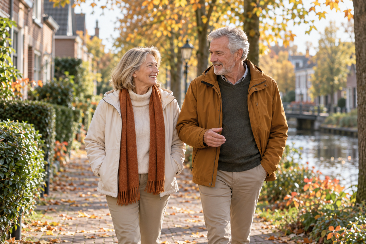 Twee volwassenen wandelen samen buiten op een rustige ochtend.