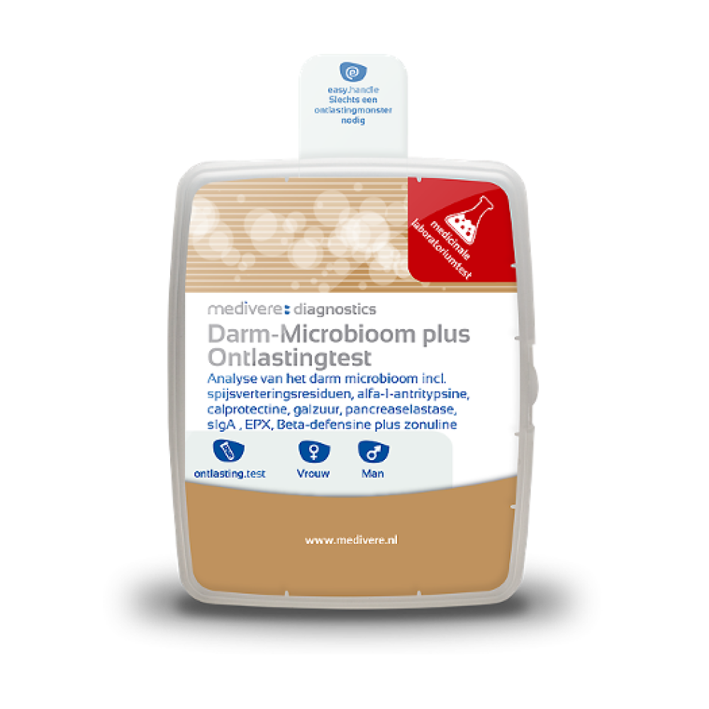 Verpakking Medivere darmmicrobioom test Plus voor thuisafname van ontlasting