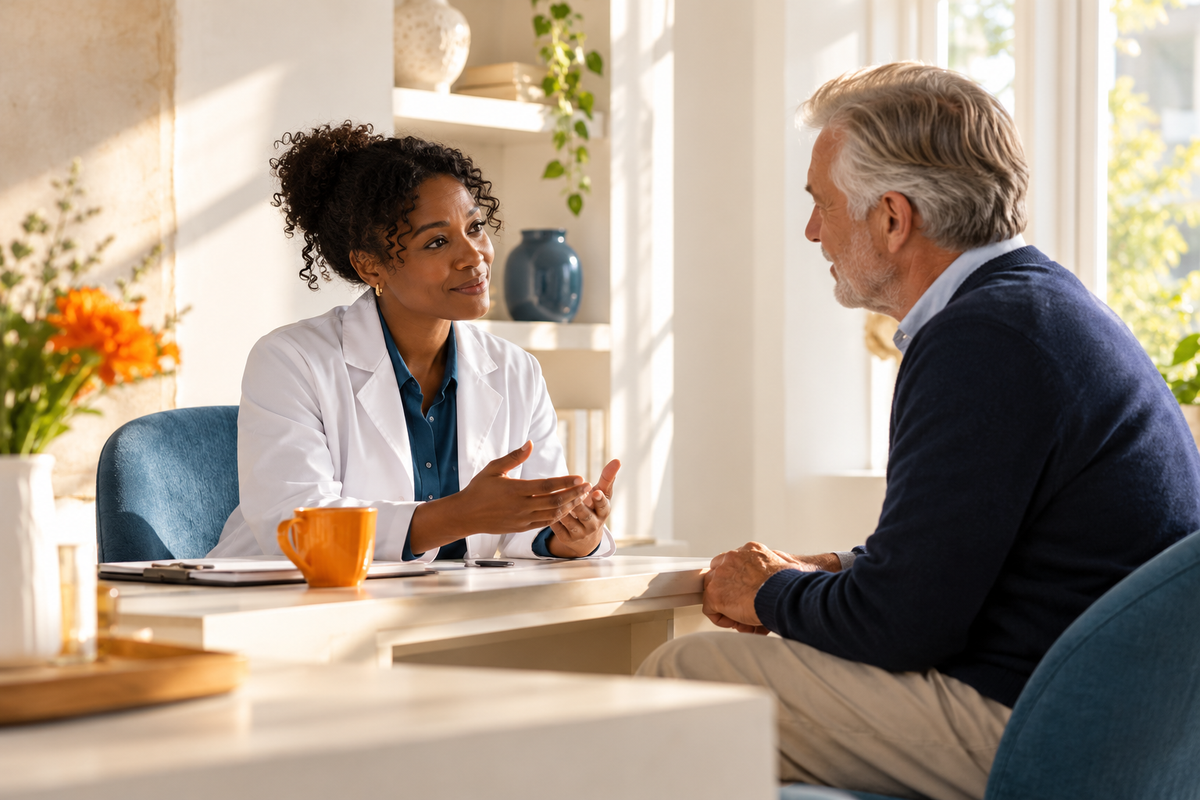Een apotheker bespreekt medicatievragen met een man.
