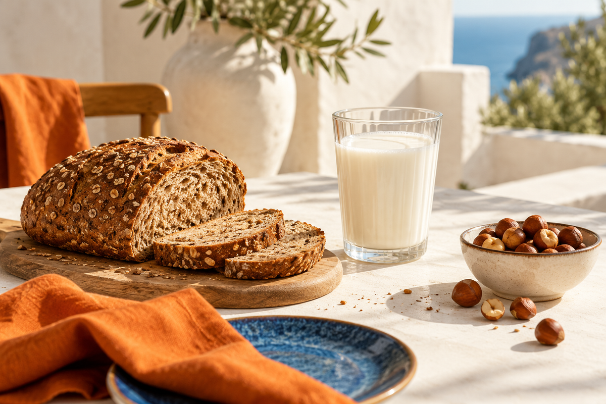Brood, melk en noten overzichtelijk op een lichte tafel.
