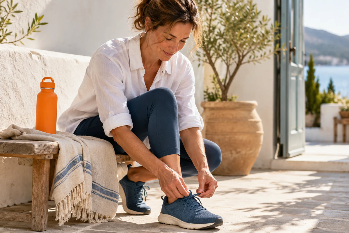 Een vrouw trekt haar wandelschoenen aan.