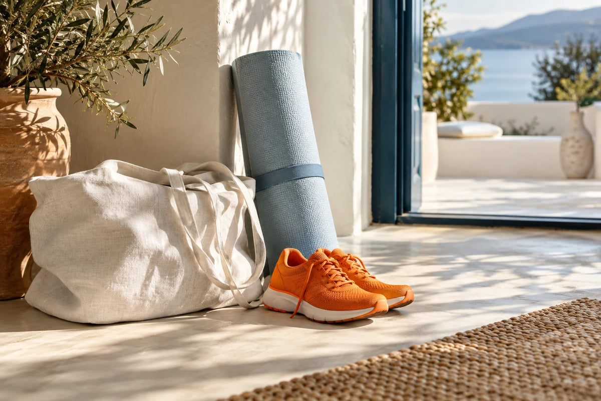 Wandelschoenen en een yogamat bij een zonnige deur.