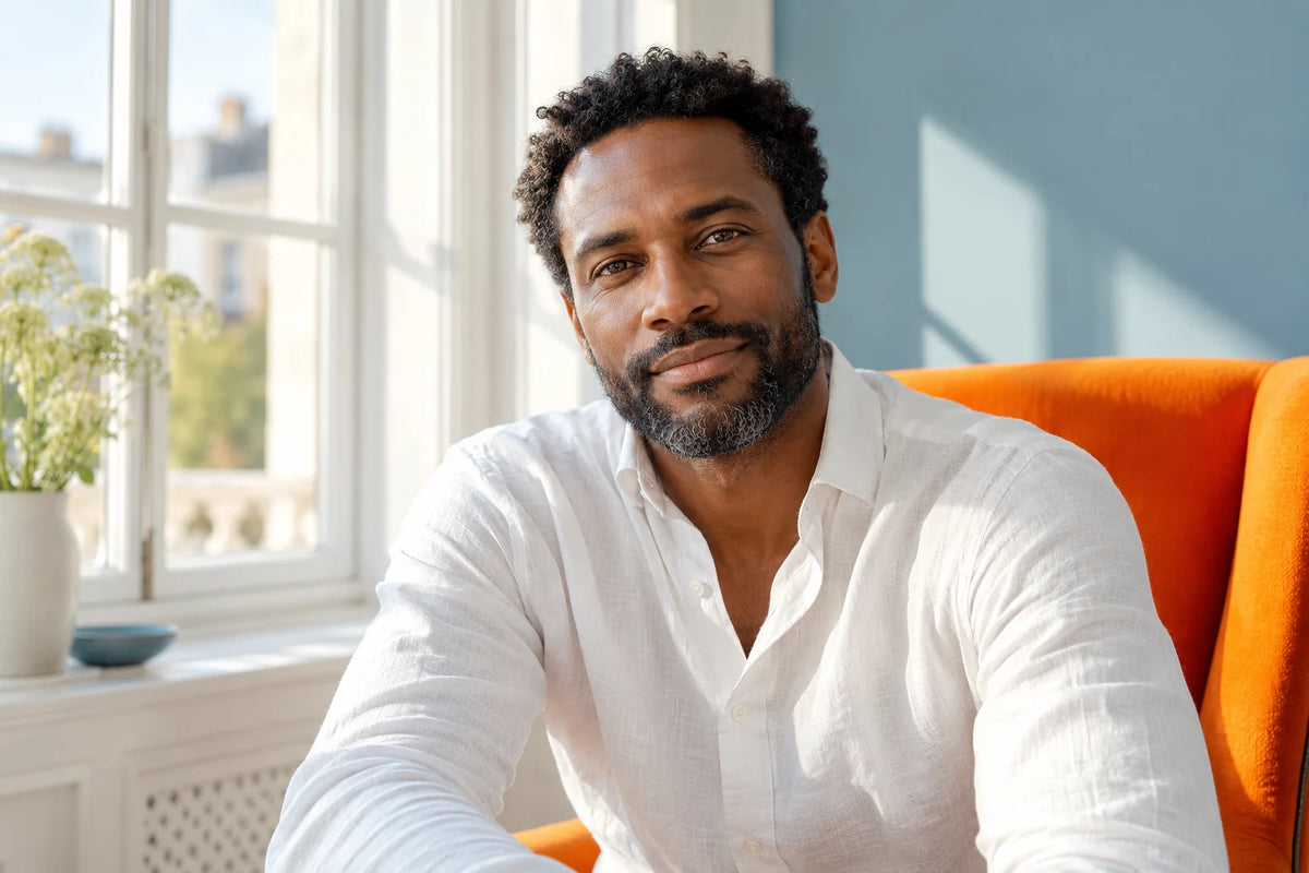 Een man zit bij het raam in een lichte ruimte.