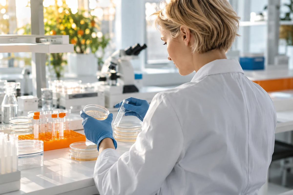 Een laboratoriummedewerker ordent onderzoeksmateriaal.
