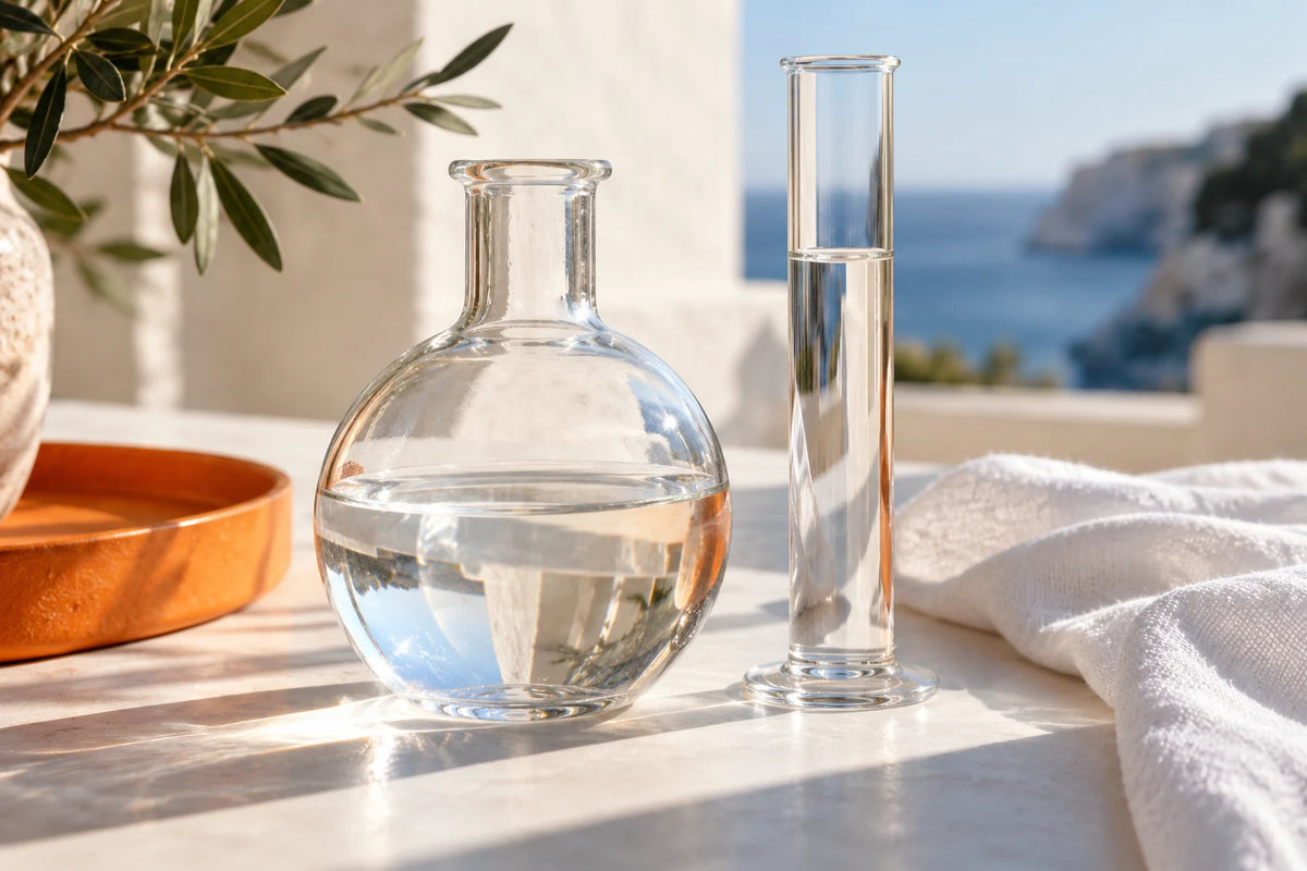 Transparant laboratoriumglas op een witte tafel.