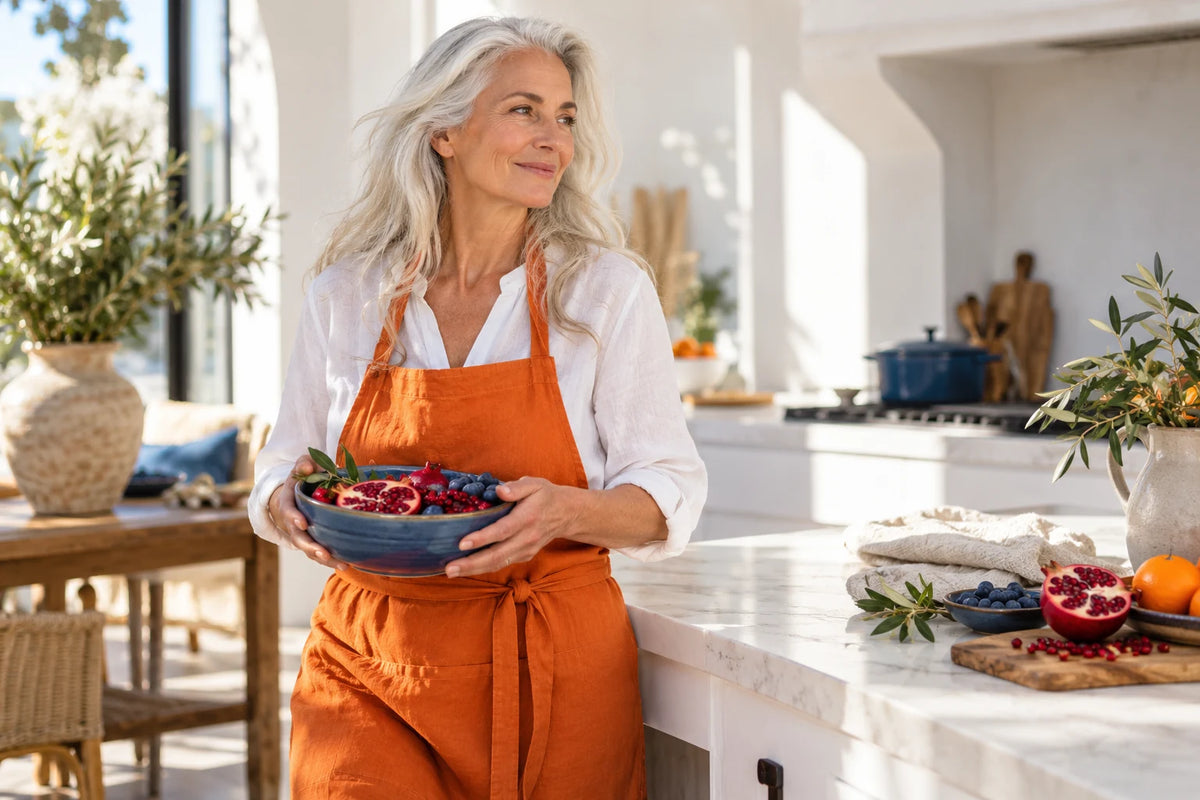 Een vrouw draagt een schaal met fruit door de keuken.