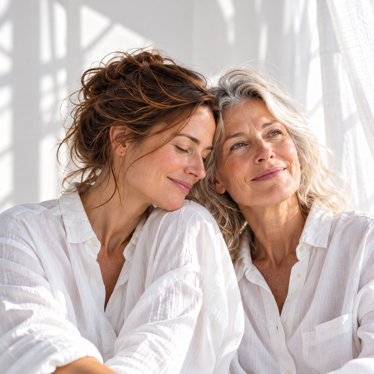 Twee volwassen vrouwen in witte blouses, samen in zacht daglicht.